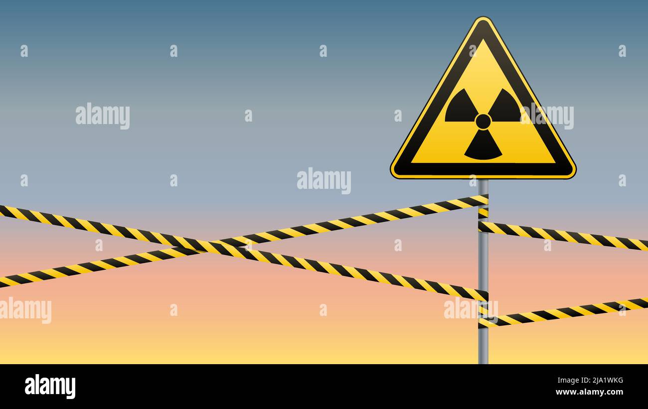 Warning sign on a pole and warning bands. Sign of radiation hazards ...