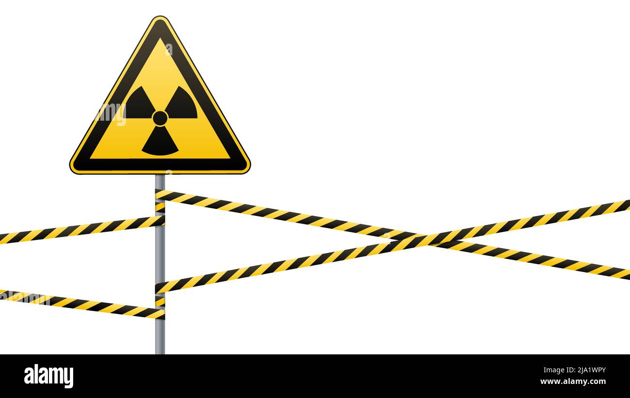 Warning sign on a pole and warning bands. Sign of radiation hazards ...
