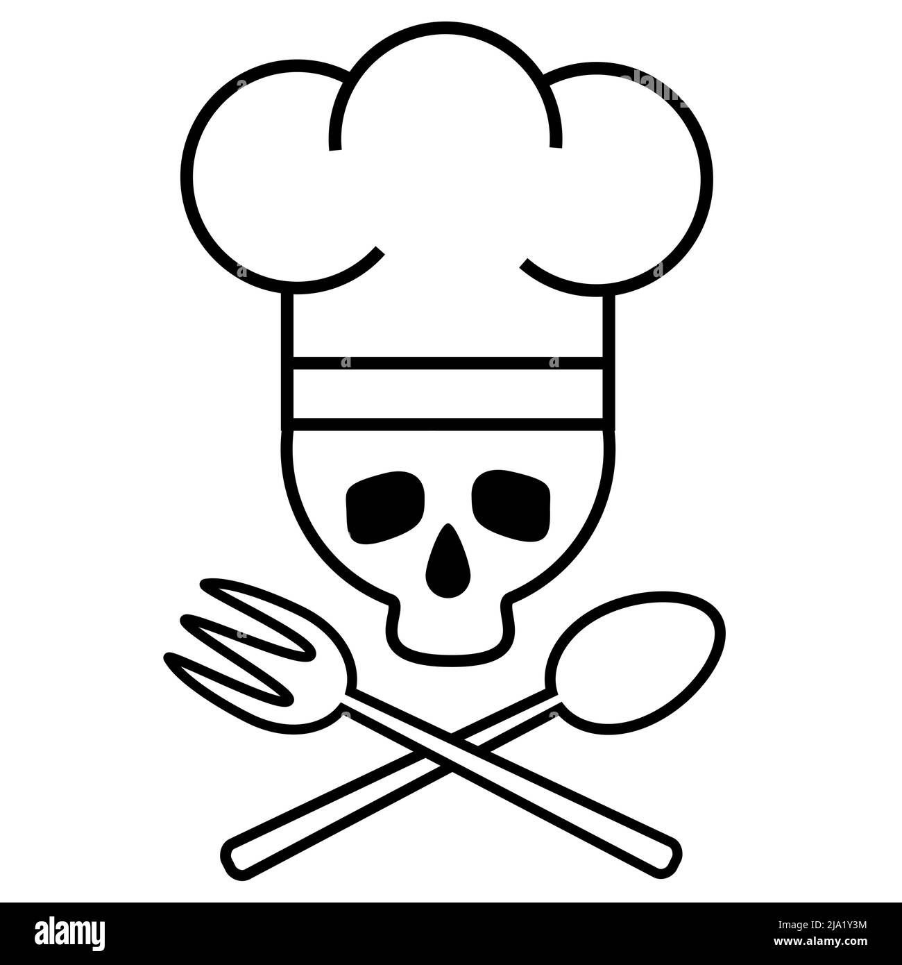 Skull chef in chef s hat with crossed spoon and fork. Logo, icon. Blackandwhite drawing