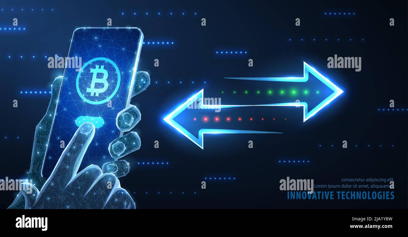 Crypto transfer. Phone in hands with bitcoin symbol and arrows. Money  exchange, mobile banking, digital wallet, fast payment, send transaction,  online Stock Vector Image & Art - Alamy