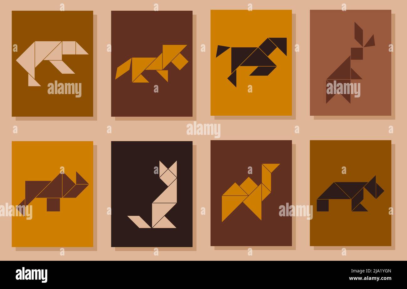 Set of tangram posters with different animals Stock Vector