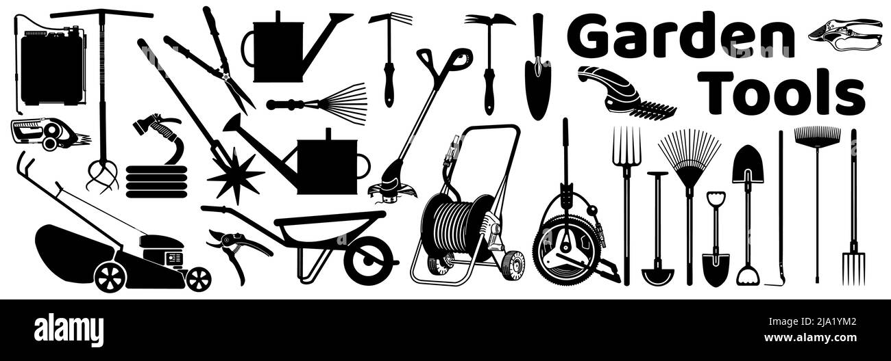 A set of tools for working in the summer in the garden, in the style of a sketch silhouette. Isolated on white background. Vector illustration. Stock Vector