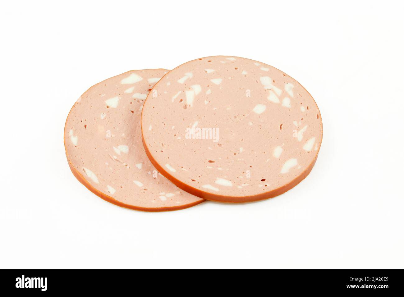 Two slices of chicken mortadella isolated on white background Stock