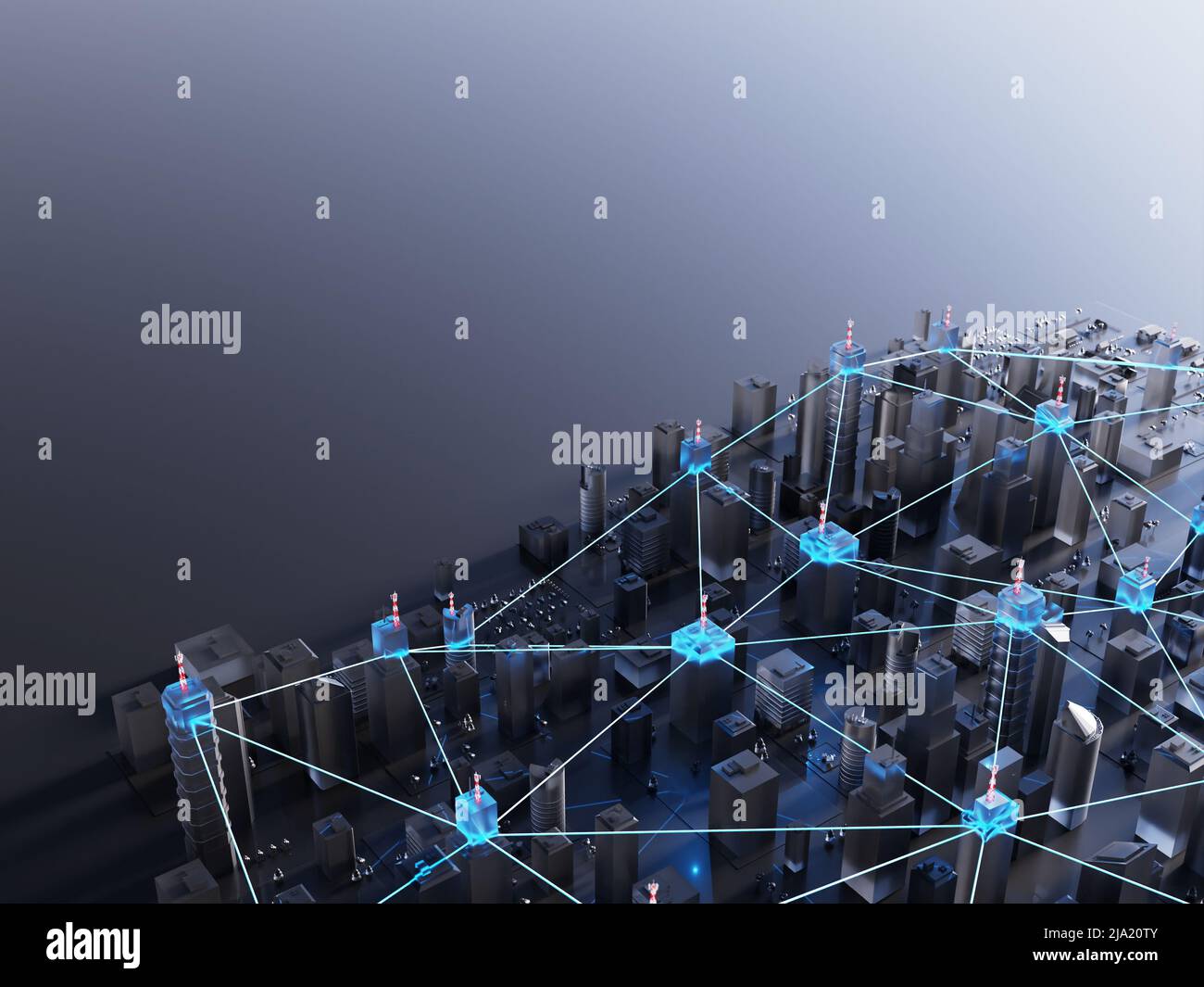 Modern, futuristic smart city. Internet, decentralized networks concept. Abstract background. Digital 3D rendering. Stock Photo