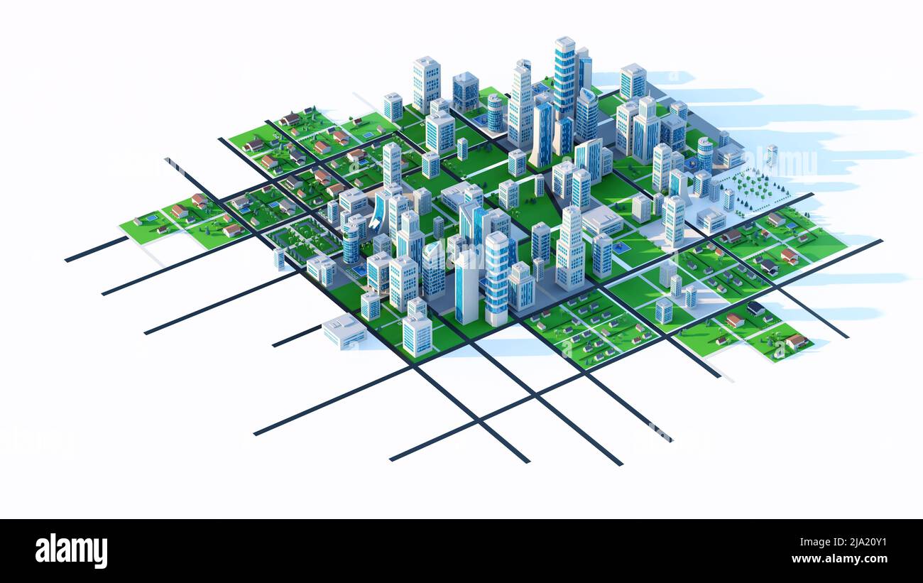 Clean, modern city with tall buildings, parks and green spaces. Digital 3D rendering. Stock Photo