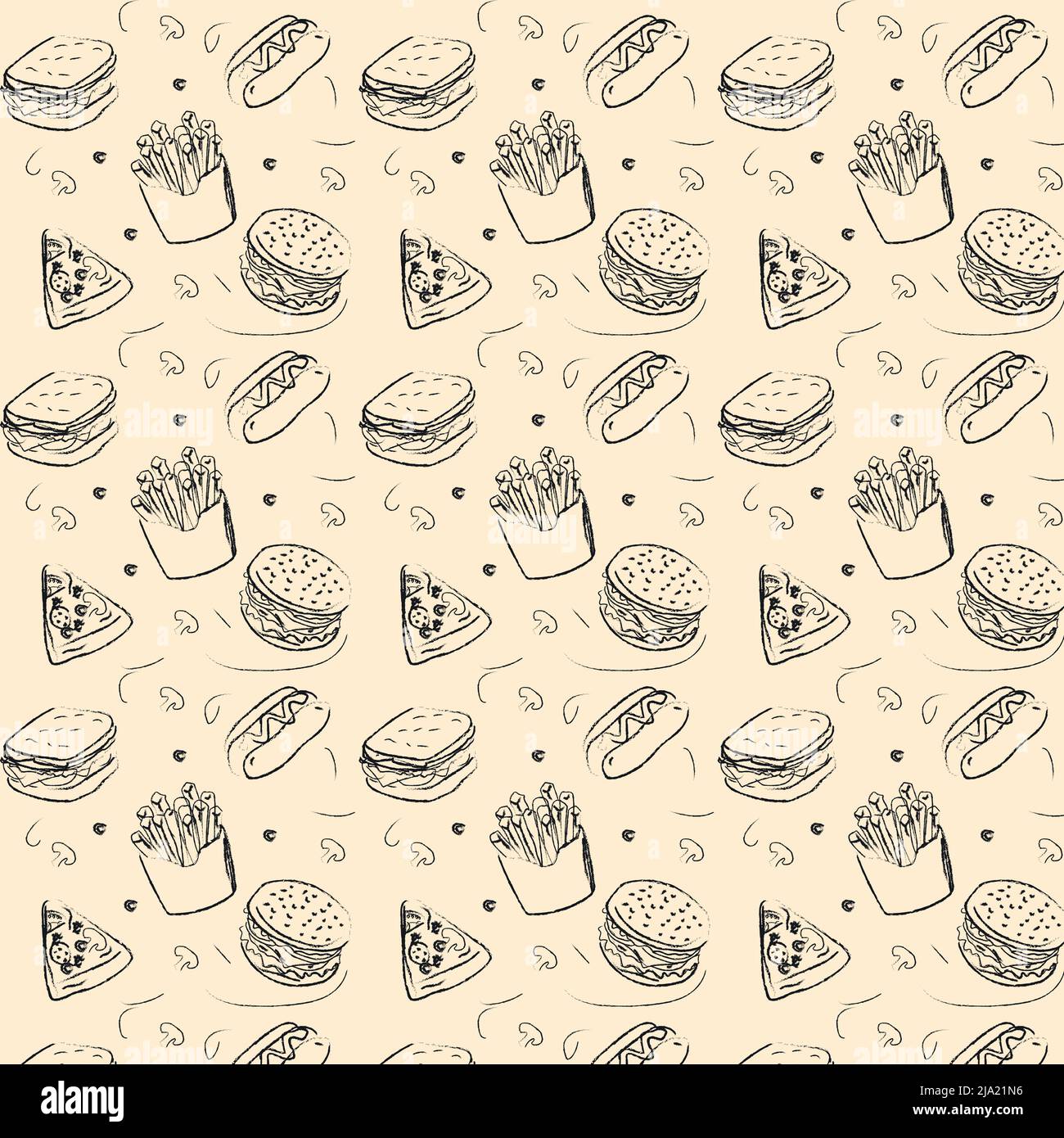 fast food pattern . hand-drawn hamburgers, French fries, hot dogs ...