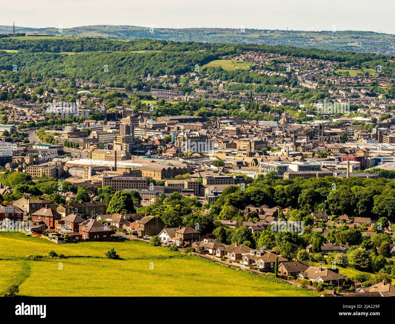 Aerial view of Huddersfield town seen from Castle Hill. West Yorkshire. UK Stock Photo