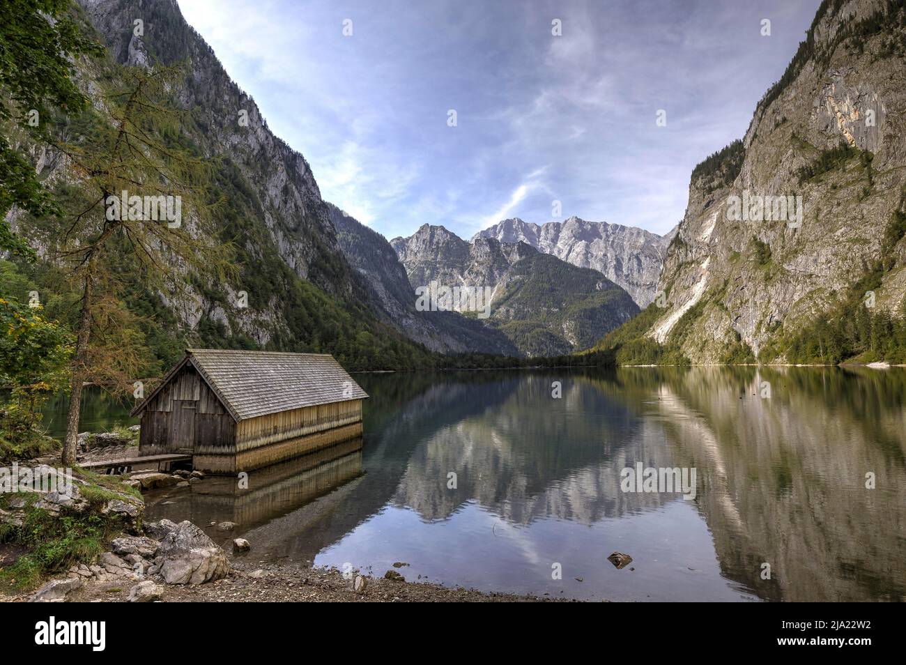 Blick auf Watzman vom Obersee nahe Koenigssee, Berchtesgaden, Bayern, Deutschland Stock Photo