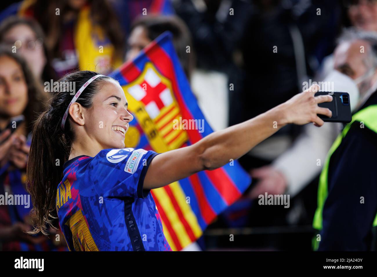 BARCELONA - APR 22: Aitana takes a selfie with the fans after the UEFA Women's Champions League match between FC Barcelona and VfL Wolfsburg at the Ca Stock Photo