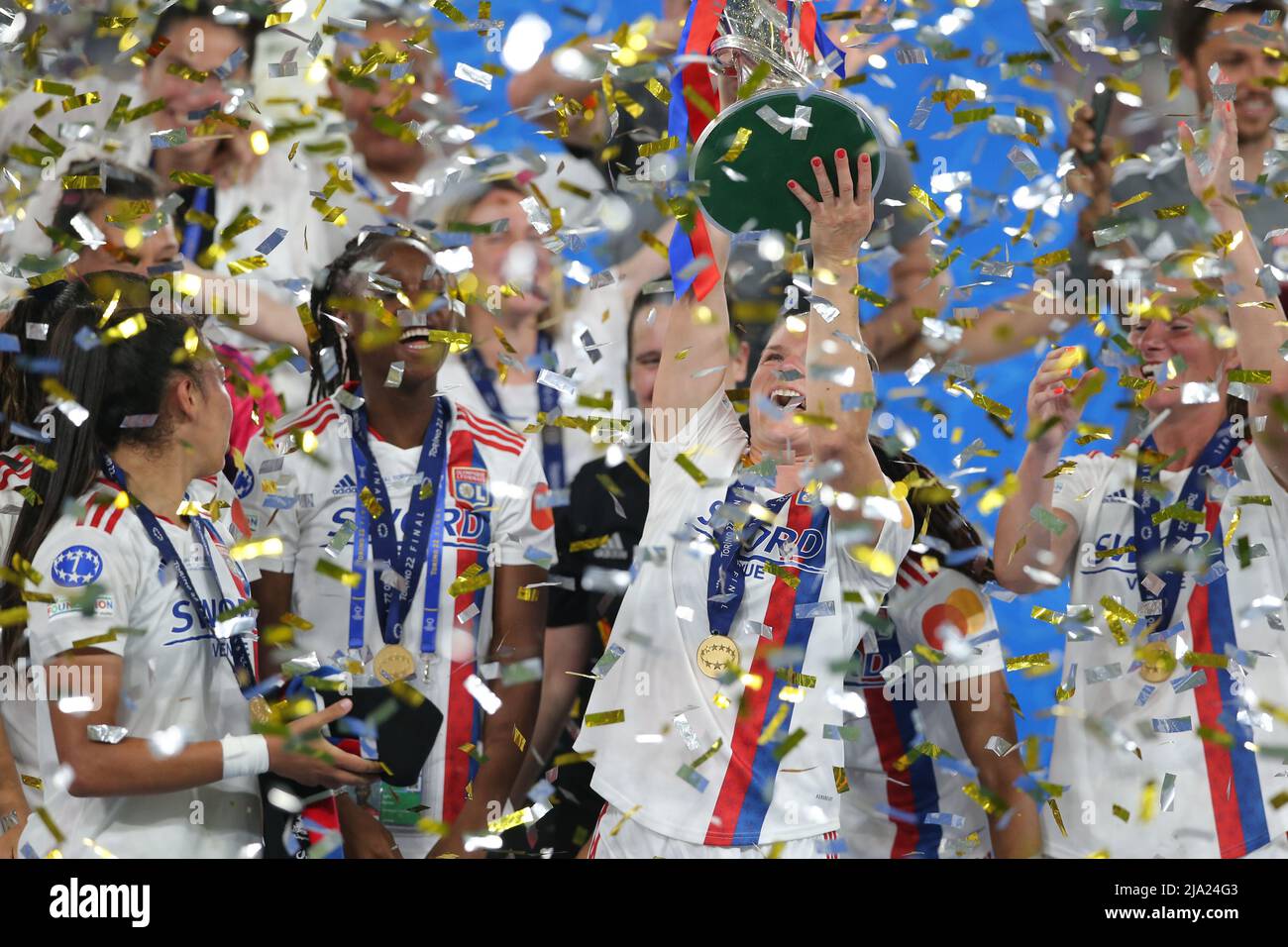 Turin, Italy, 21st May 2022. Eugenie Le Sommer of Lyon lifts the trophy as Olympique Lyonnais celebrates following the 3-1 victory in the UEFA Womens Champions League match at Juventus Stadium, Turin. Picture credit should read: Jonathan Moscrop / Sportimage Stock Photo