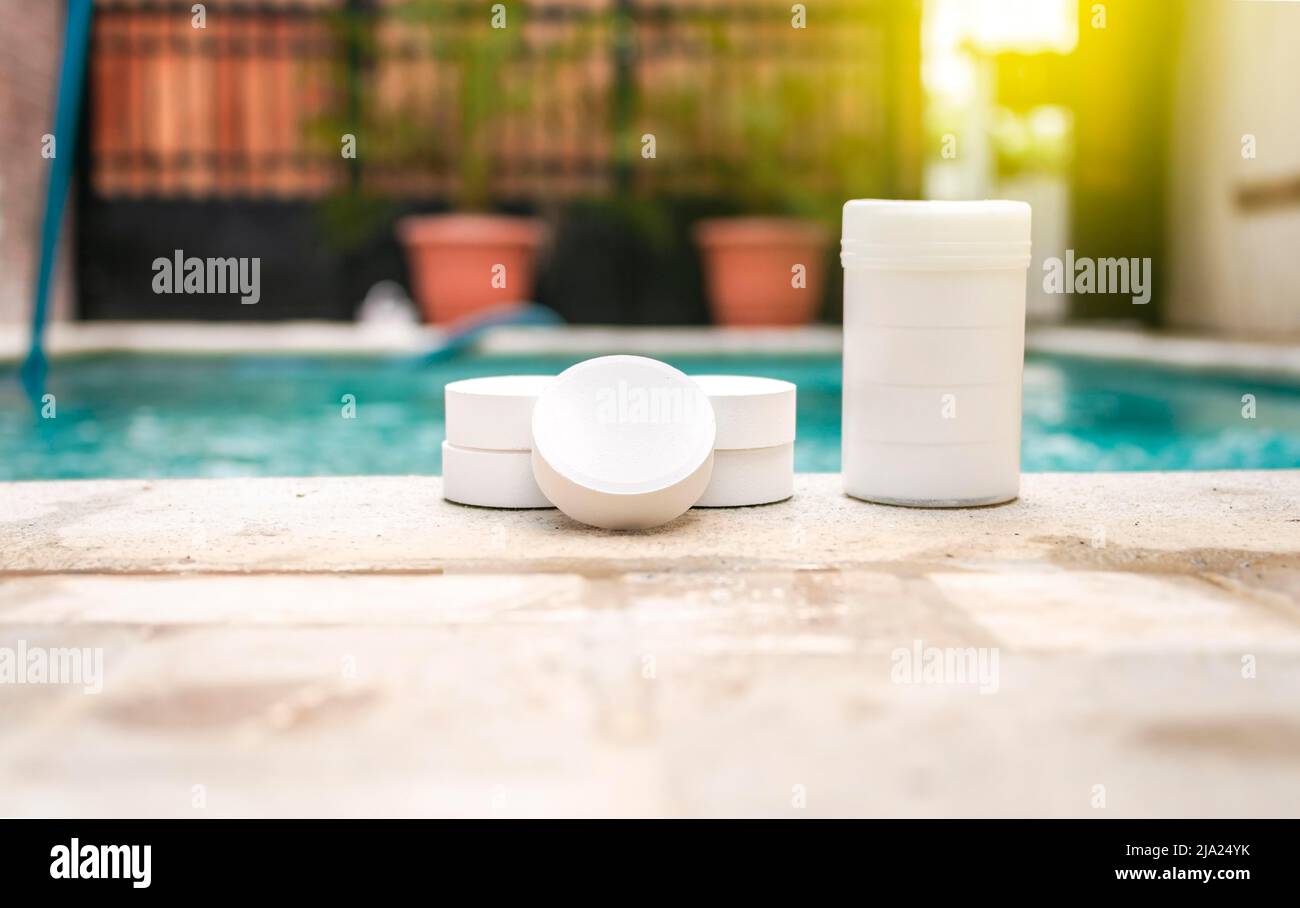 Close up of chlorine tablets for pool cleaning, chlorine tablets to clean pools, concept of chlorine tablets to sanitize pools Stock Photo