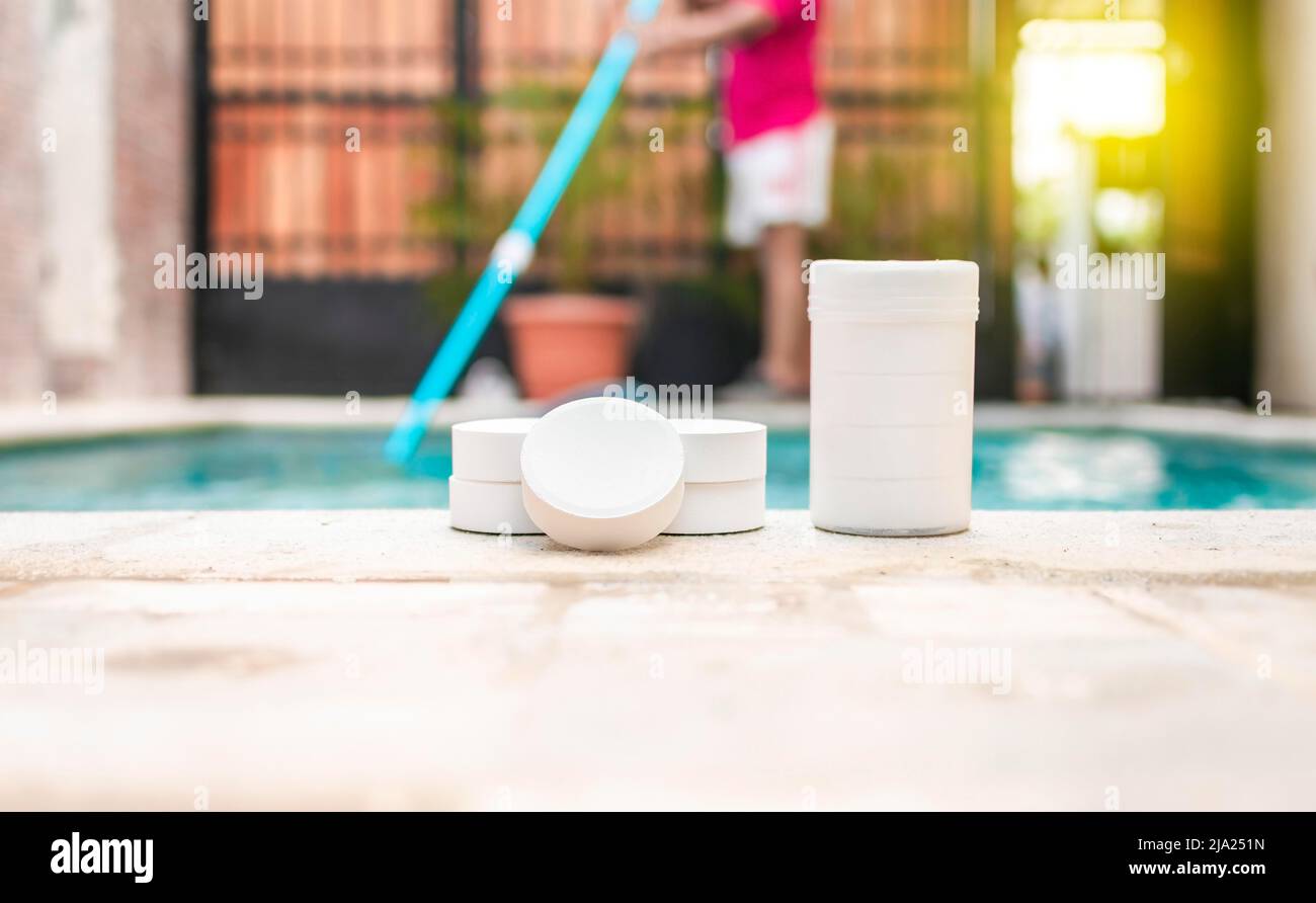 Chlorine tablets to clean swimming pool, Close up of chlorine tablets