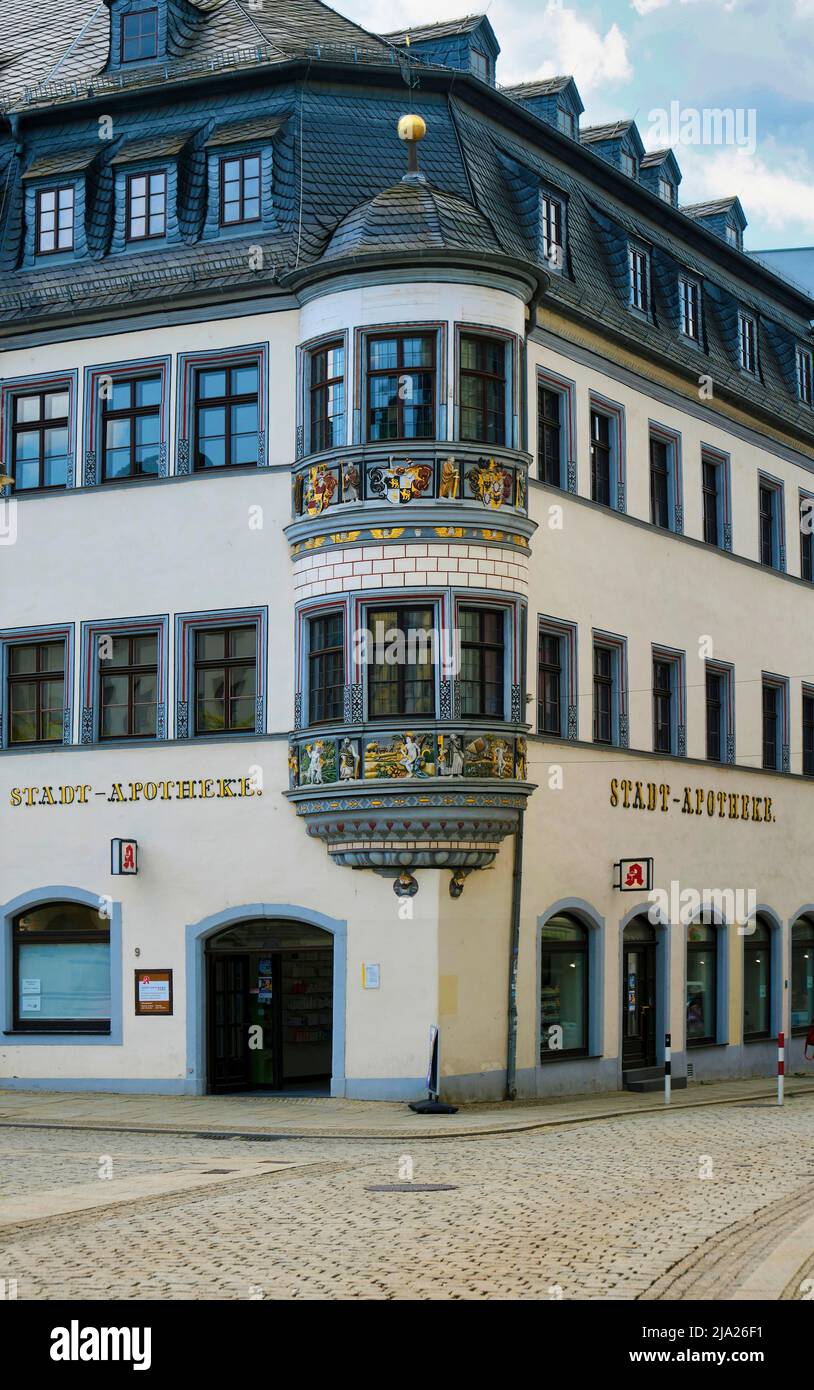 City pharmacy with richly decorated oriel, market square, Gera, Thuringia, Germany Stock Photo