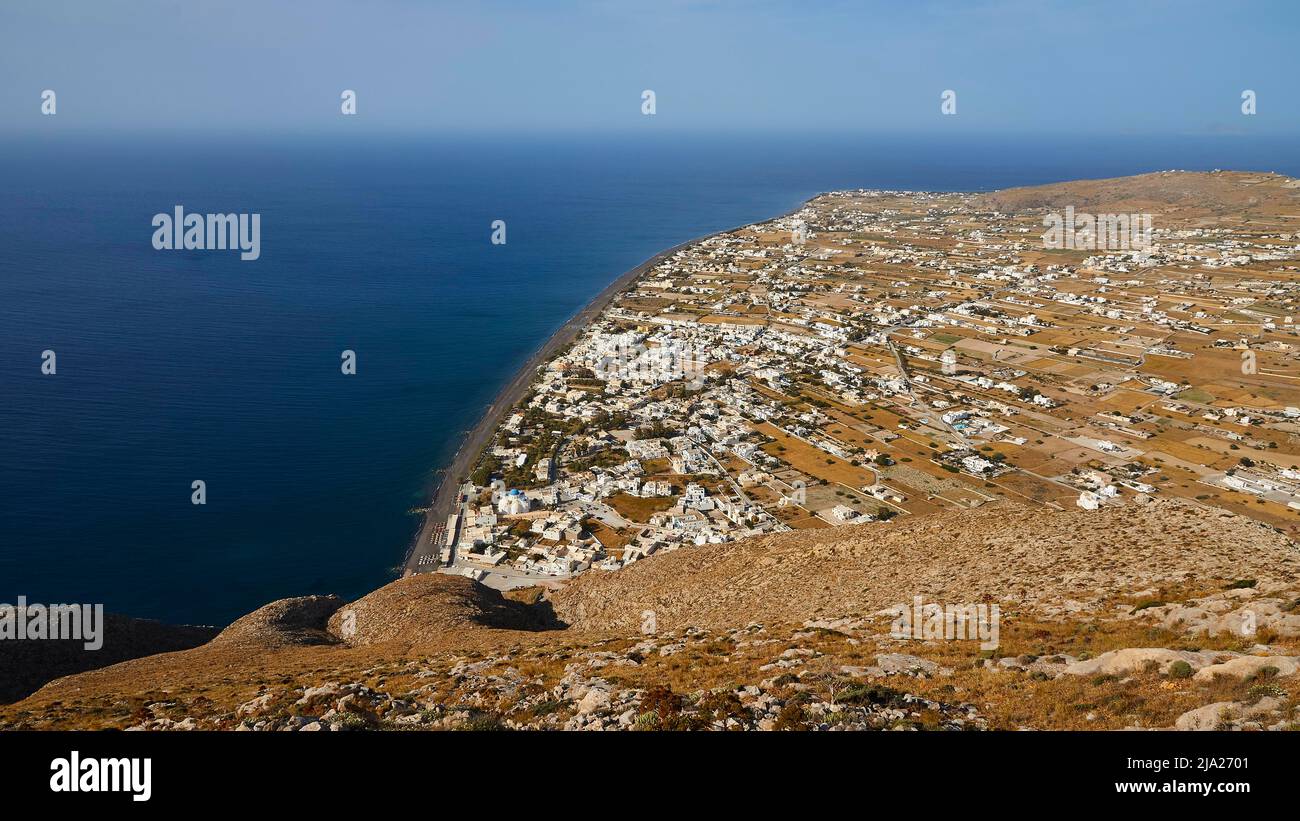 View down, Perissa, Old Thera, Mountain top, Archaeological site, Perissa, Kamari, Santorini Island, Cyclades, Greece Stock Photo