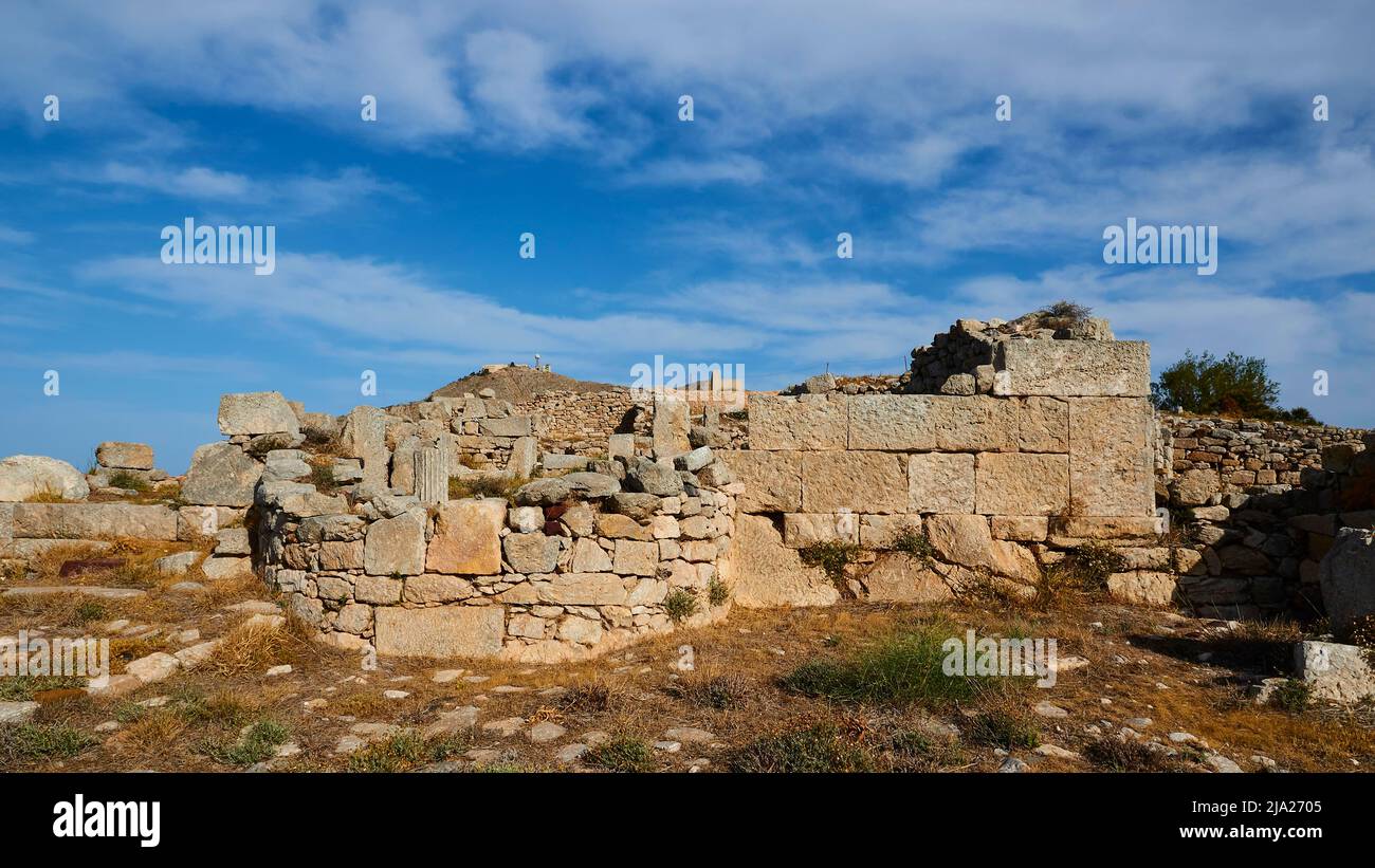 Ancient Wall, Ruined Building, Ancient Thera, Mountain Top, Archaeological Site, Perissa, Kamari, Santorini Island, Cyclades, Greece Stock Photo