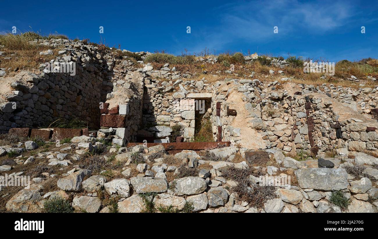 Ancient ruins of buildings, blue sky, Old Thera, mountain top, archaeological site, Perissa, Kamari, Santorini Island, Cyclades, Greece Stock Photo