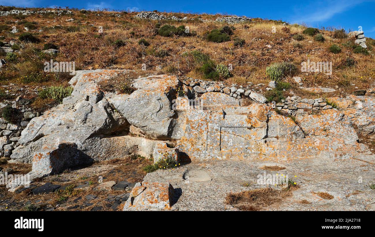 Ancient relief, Old Thera, Mountain top, Archaeological site, Perissa, Kamari, Santorini Island, Cyclades, Greece Stock Photo