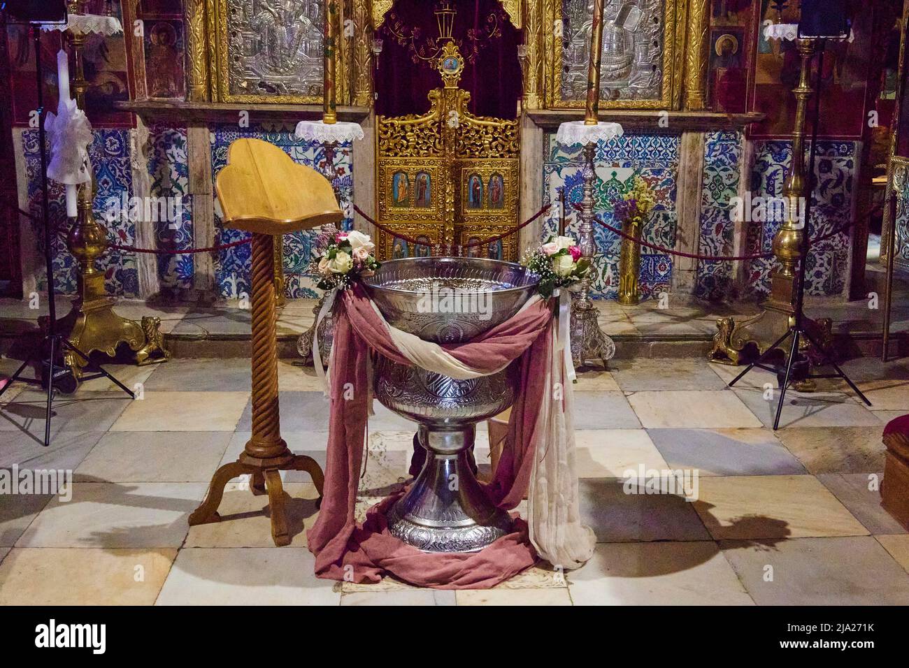 Monastery, baptism, Moni Panachrantou, church interior, chancel, icons ...