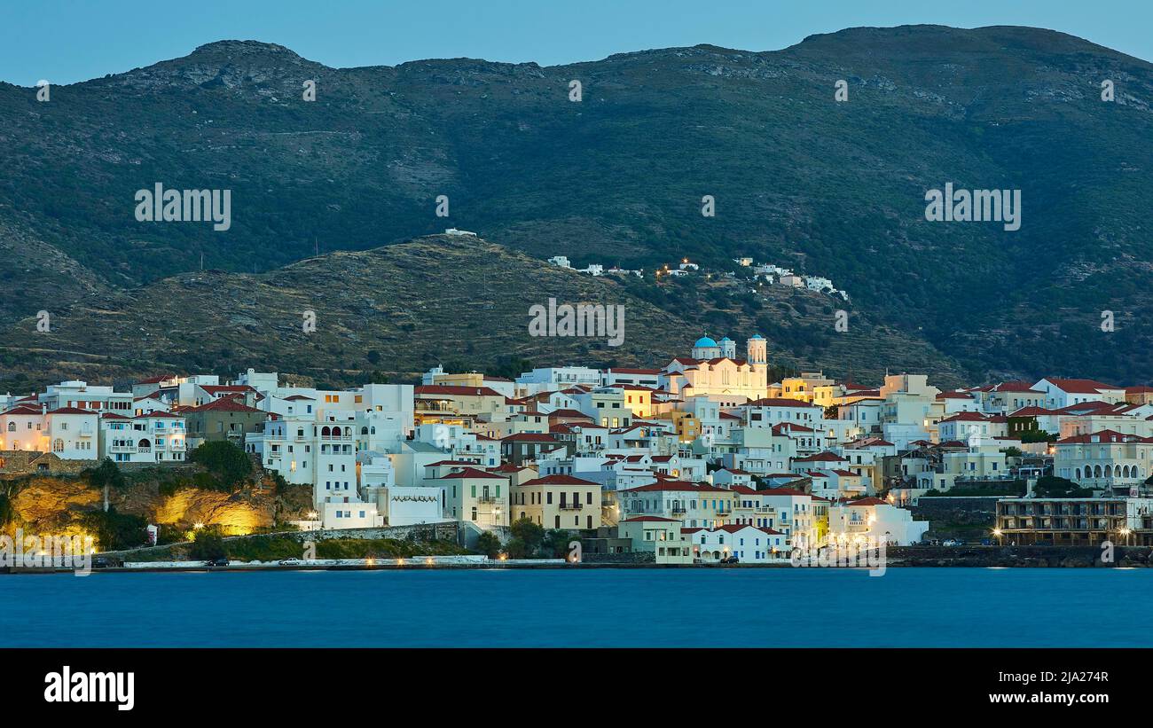 Evening shot, View Chora, Artificial lighting, Sea, Mountains, Dusk ...