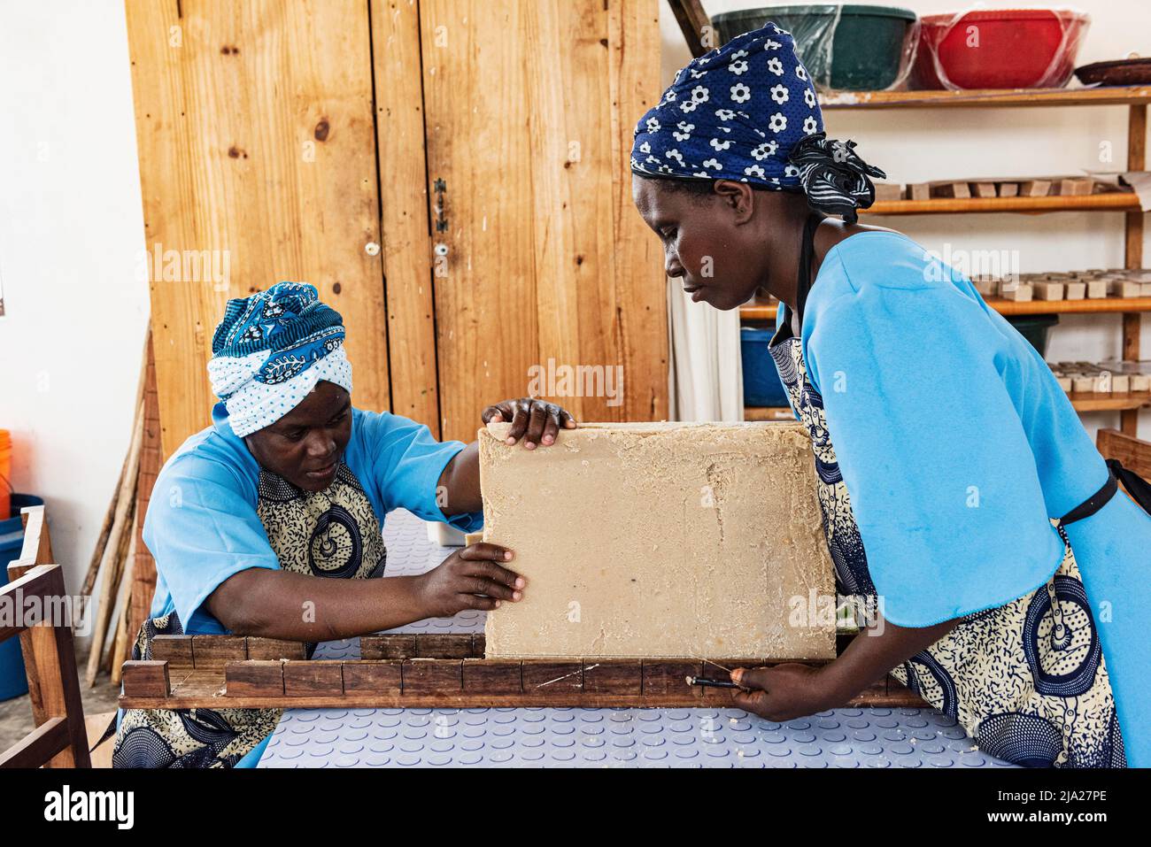 Soap, woman making soap at Seaweed centre, Women's Cooperative, seaweed