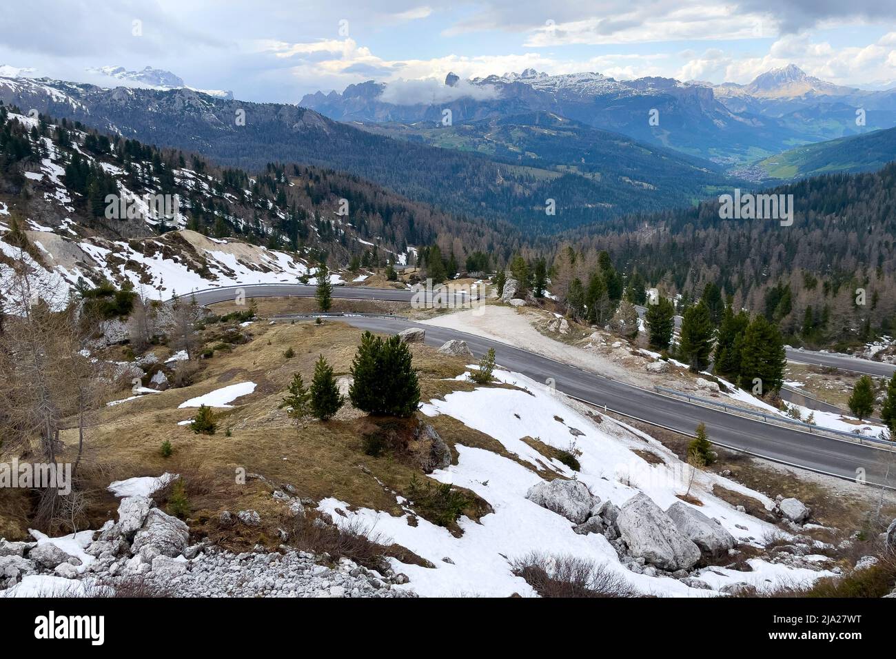 Serpentines of mountain pass in Alps, Passo di Valparola, Dolomites, Belluno Province, Veneto, Italy Stock Photo