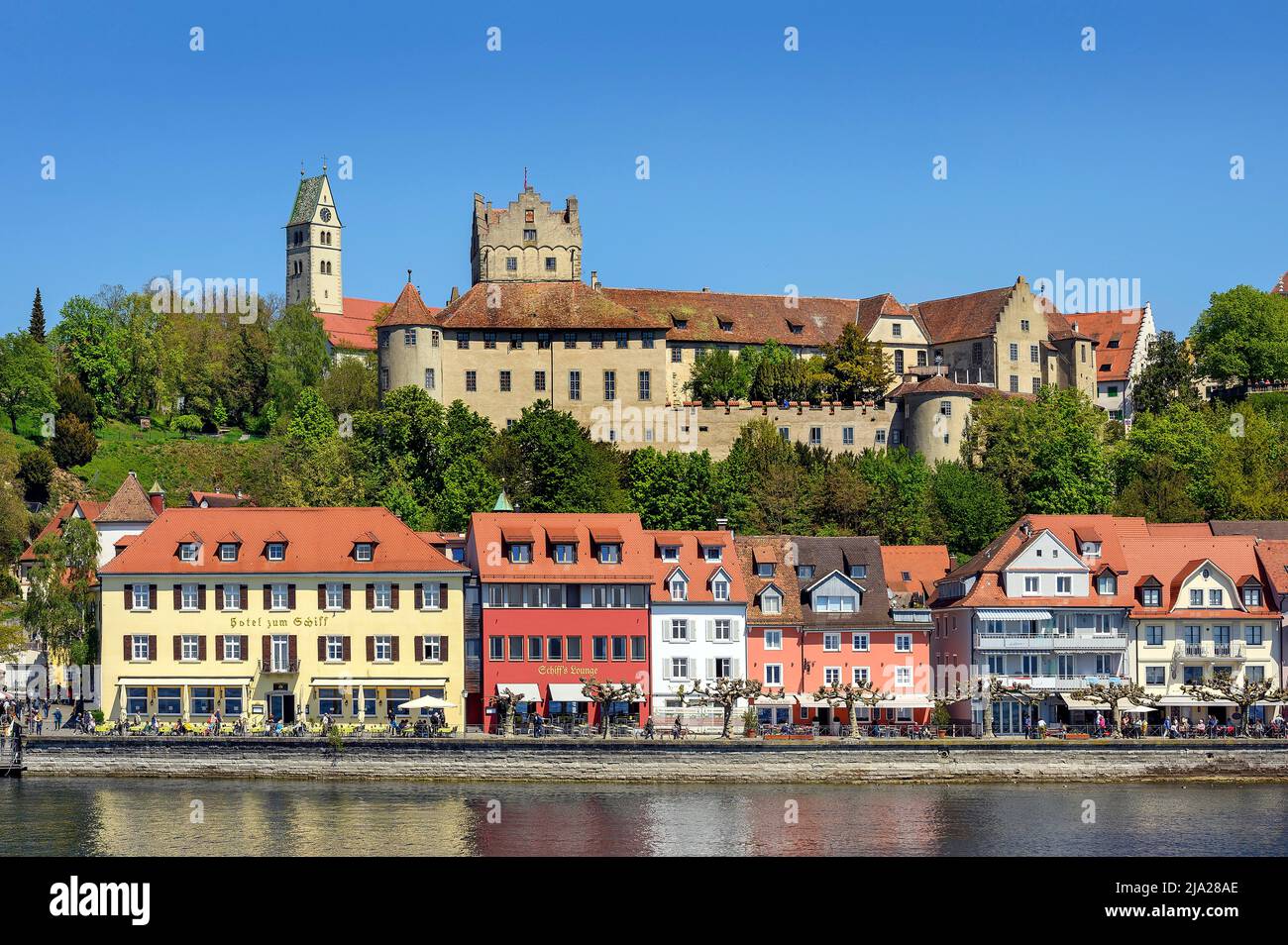 Castle, also old castle, left Church of the Visitation of the Virgin Mary, promenade, lower town, Meersburg, Lake Constance, Baden-Wuettemberg Stock Photo