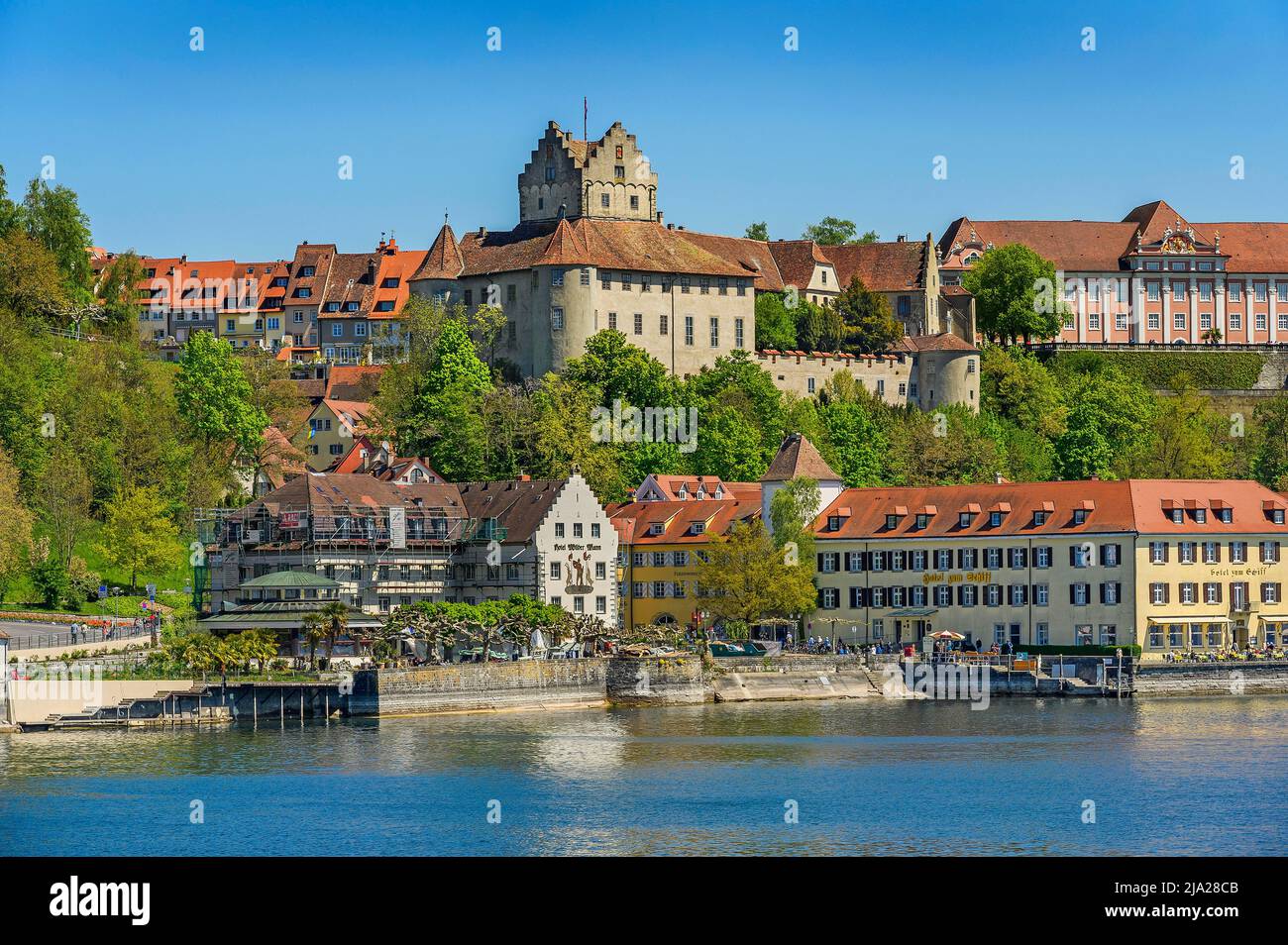 On the left the castle, also old castle, on the right new castle, promenade, lower town, Meersburg, Lake Constance, Baden-Wuettemberg, Germany Stock Photo