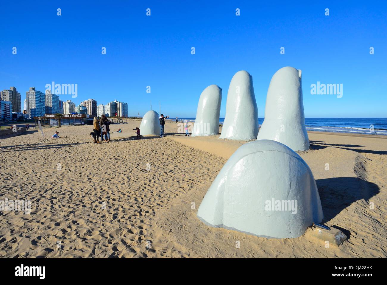 Sculpture La Mano, the hand, on the beach Playa Brava, Punta del Este, Departamento Maldonado, Uruguay Stock Photo