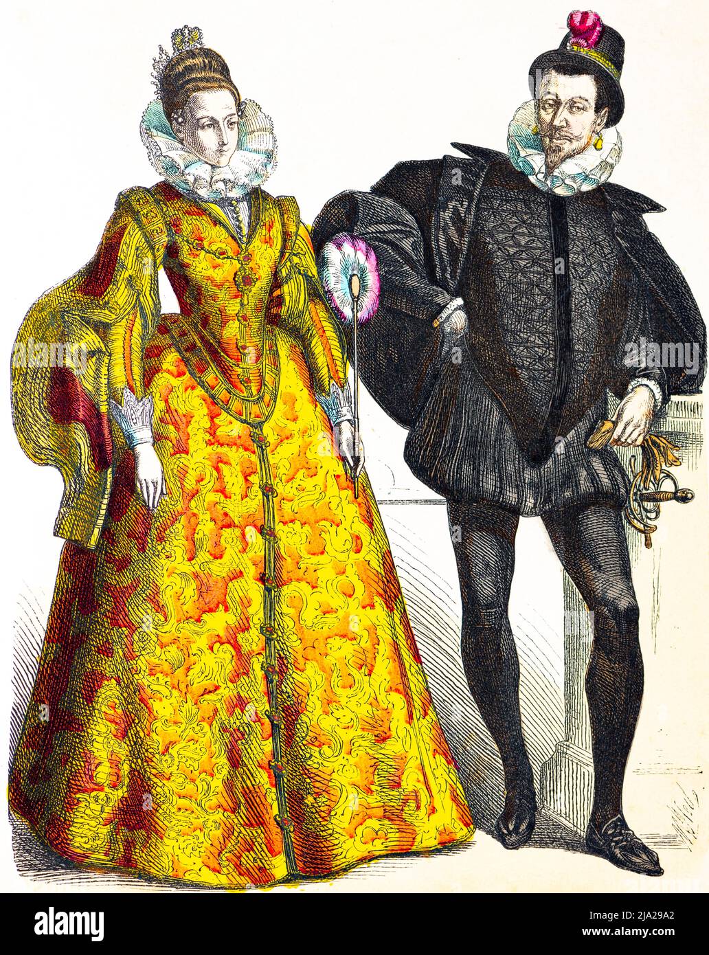 Muenchener Bilderbogen, Costumes, Mid-16th century, Spanish noblemen, Spain,  portrait, man, woman, elegant, robe, jewellery, sword, coloured Stock Photo  - Alamy
