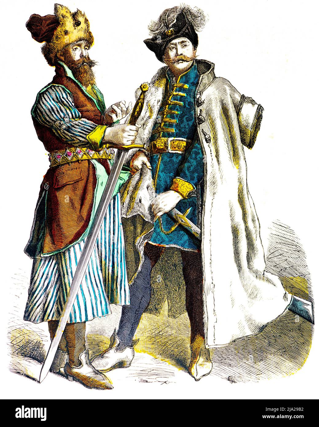 Munich Bilderbogen, fur cap, swords, robe, portrait, coloured historical illustration 1890, Polish costumes, 16th century, distinguished Russian Stock Photo