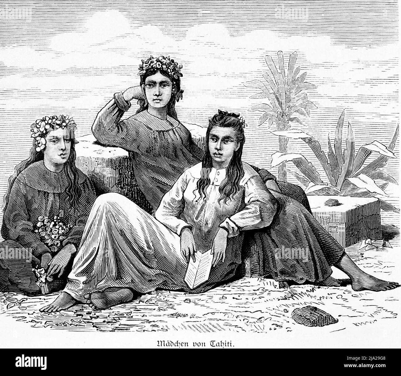 Three women, indigenous, young, headdress, long hair, sitting, book, palm tree, historical illustration 1881, Tahiti Stock Photo