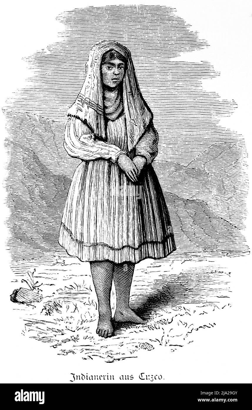 Indian, young woman, barefoot, landscape, portrait, historical illustration 1881, Cusco, Peru Stock Photo