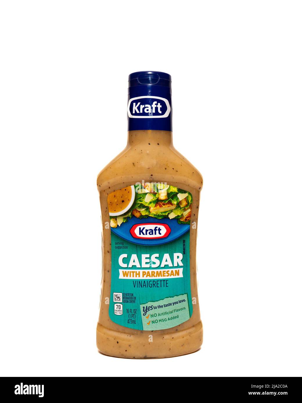 A plastic bottle of Kraft Caesar salad dressing with parmesan vinaigrette, isolated on white Stock Photo
