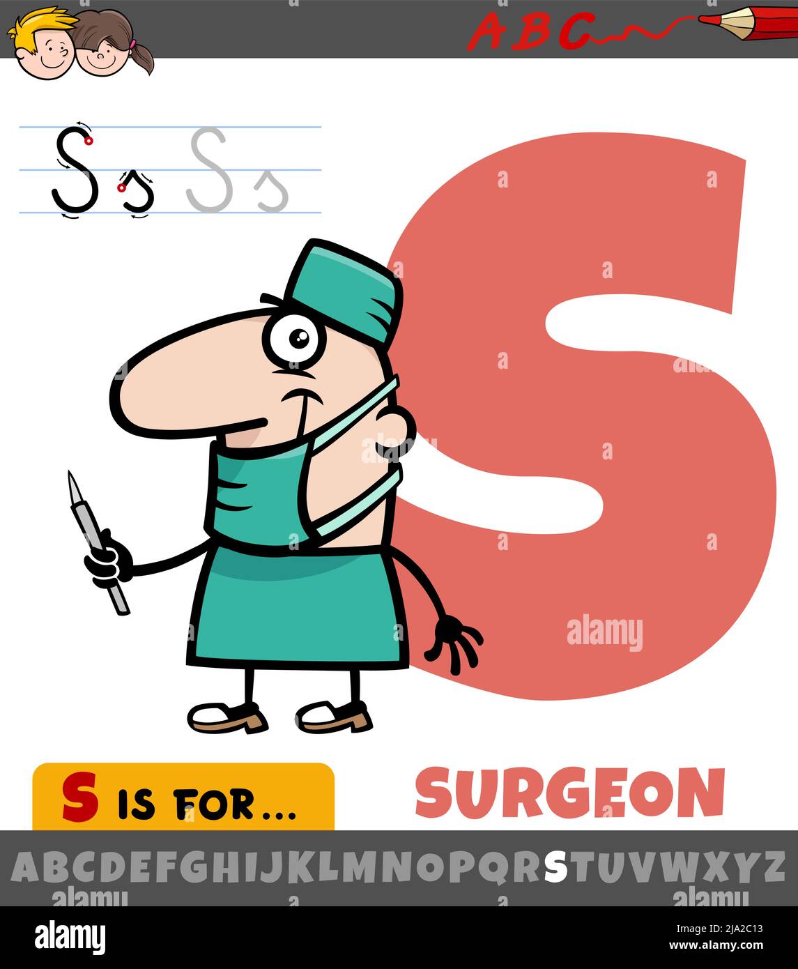 Educational cartoon illustration of letter S from alphabet with surgeon character Stock Vector