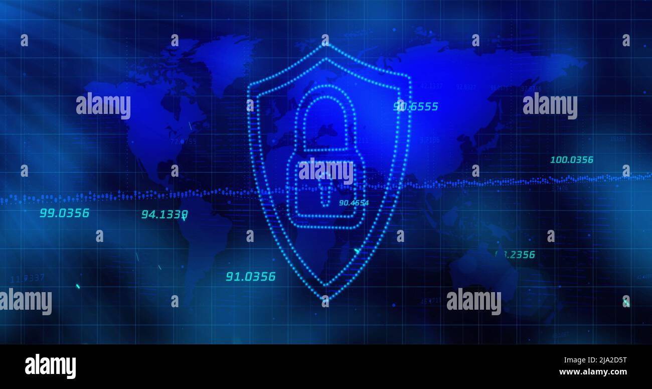 Image of digital shield with padlock over blue background with world ...