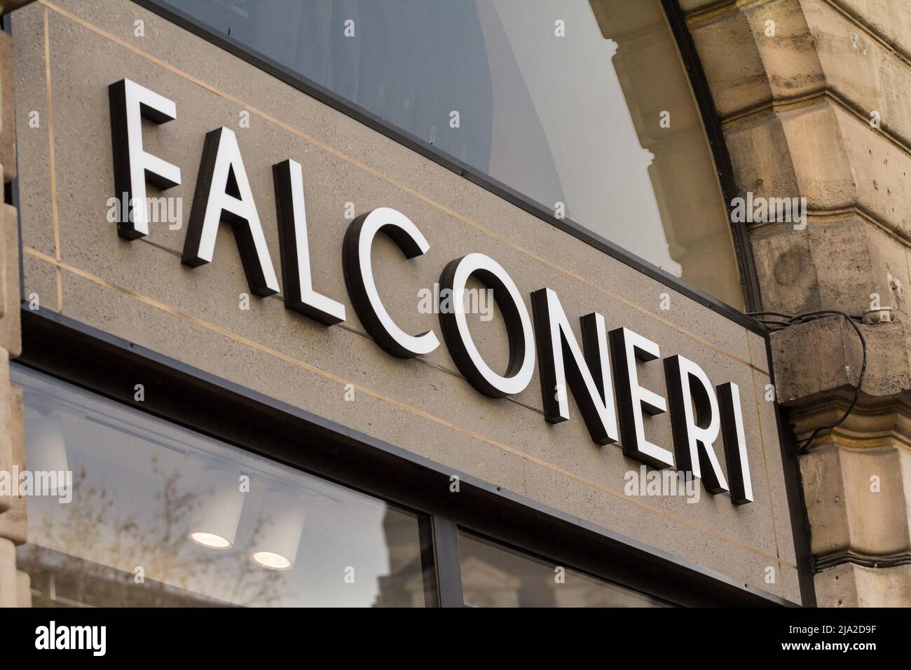 Picture of a sign with the logo of Falconeri taken on their main store for Bordeaux, France. Falconeri is an Italian luxury fashion house, specializin Stock Photo