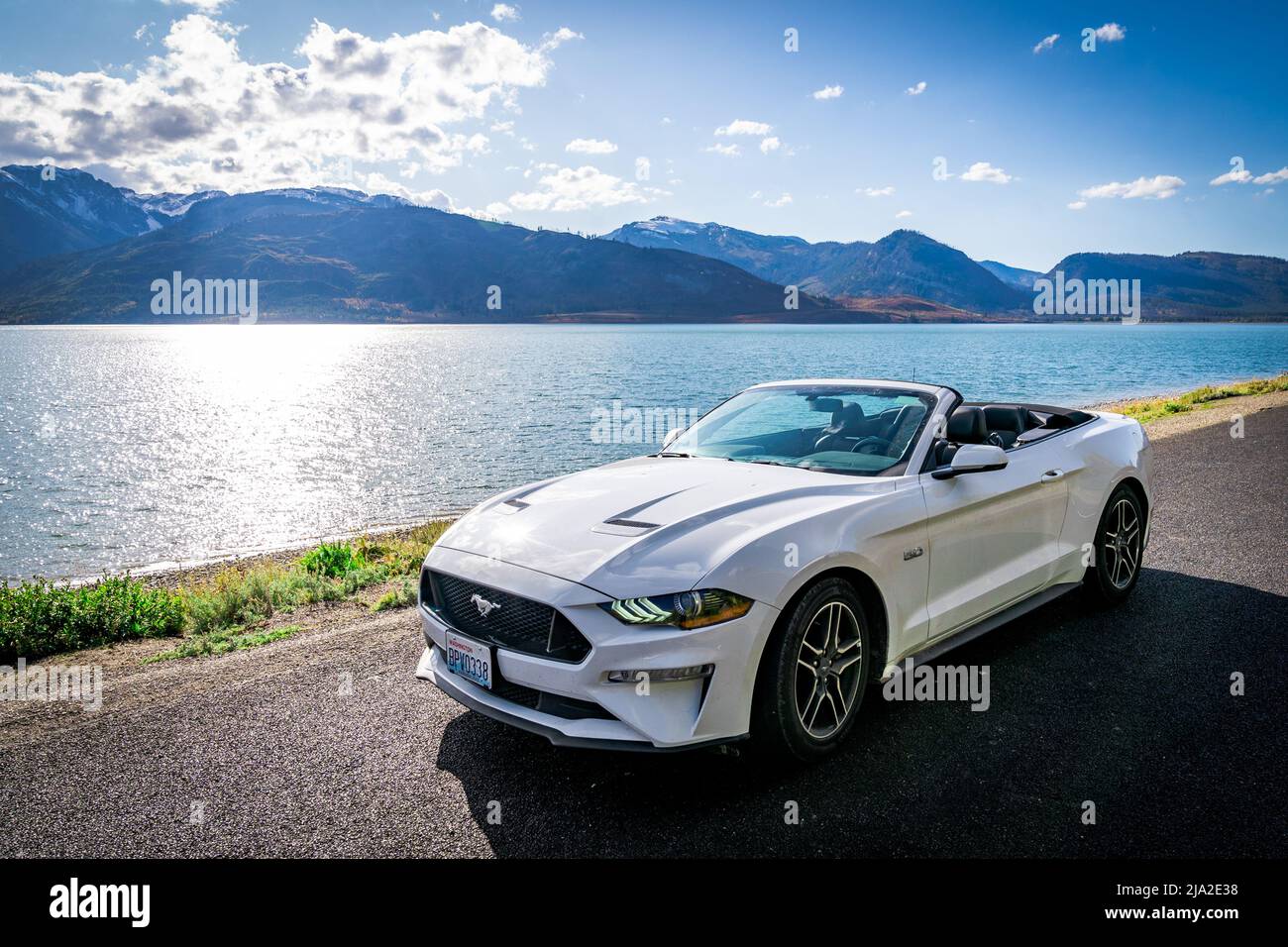 Ford Mustang on a road trip in Yellowstone National Park in the United States Stock Photo