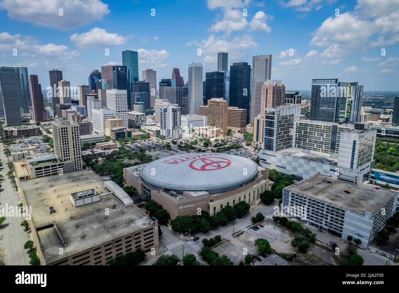 Houston, Texas, USA. 14th Sep, 2017. The Toyota Center photographed Monday May, 2, 2022 in Houston, Texas. It is named after the Japanese automobile manufacturer Toyota which paid $100 million for the naming rights. The arena is home to the Houston Rockets of the National Basketball Association (NBA), and it was once the home of the Houston Aeros of the American Hockey League (AHL), and the Houston Comets of the Women's National Basketball Association (WNBA).Construction of the arena began in July 2001, and the new arena was officially opened in October 2003. The total costs were $235 mil Stock Photo