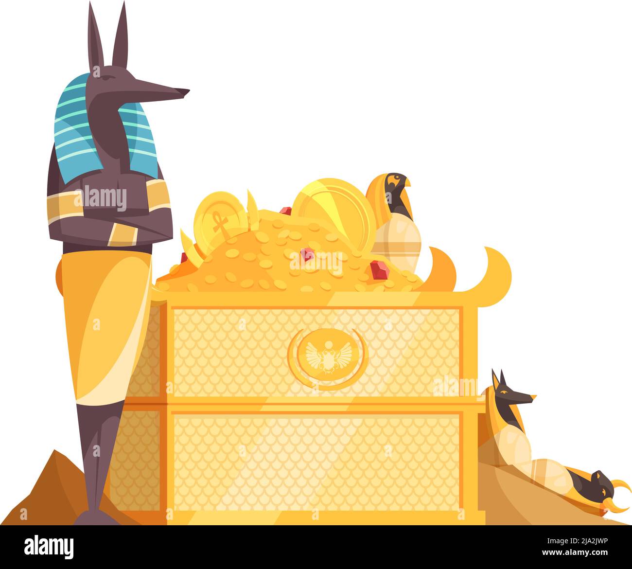 Egyptian composition with characters of ancient god creatures and box full of valuable items vector illustration Stock Vector
