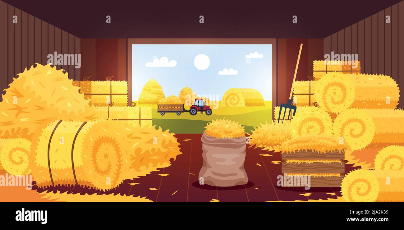 Bales hay barn composition with inside view of barn with open door with haymow and pitchfork vector illustration Stock Vector