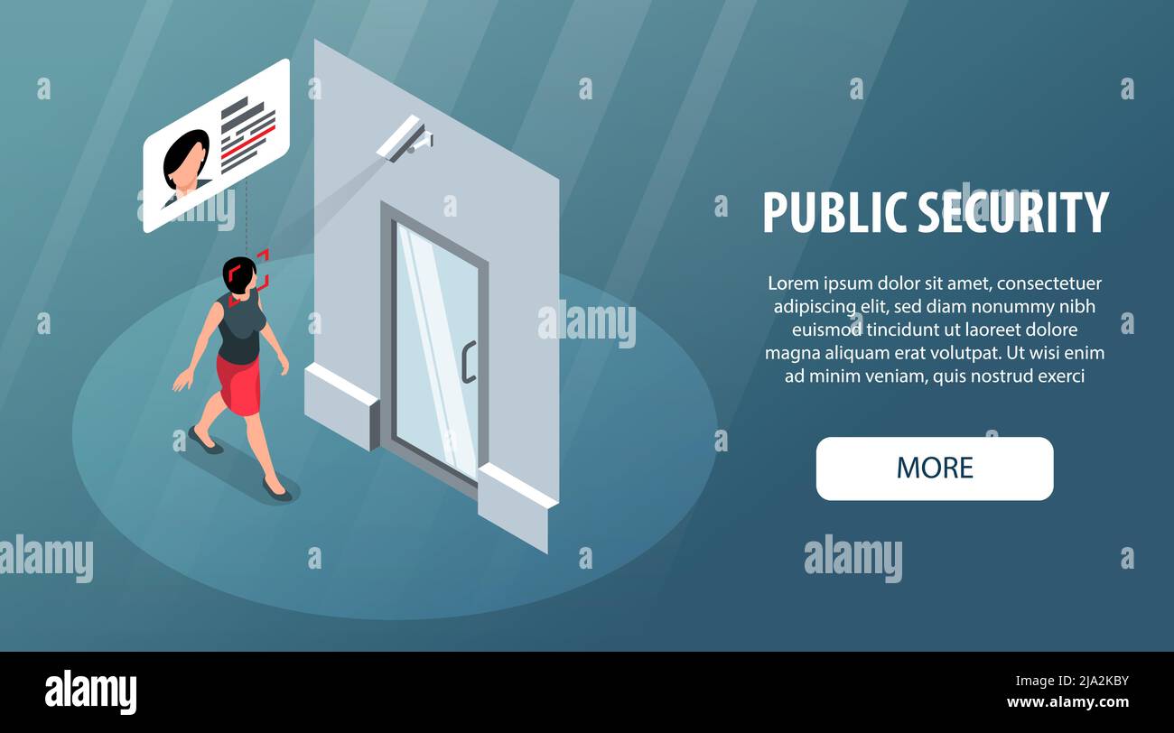 Isometric public security horizontal banner with door camera recognizing womans face and editable text with button vector illustration Stock Vector