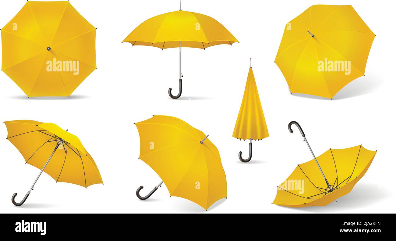 Yellow isolated and realistic umbrella icon set seven different