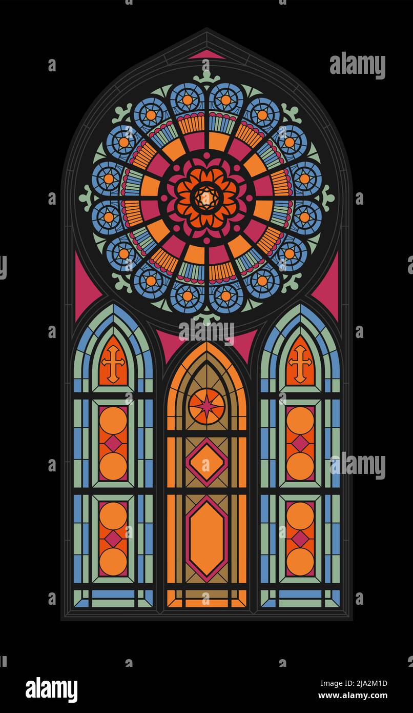 Central vertical stained glass mosaic window of the gothic church flat vector illustration Stock Vector