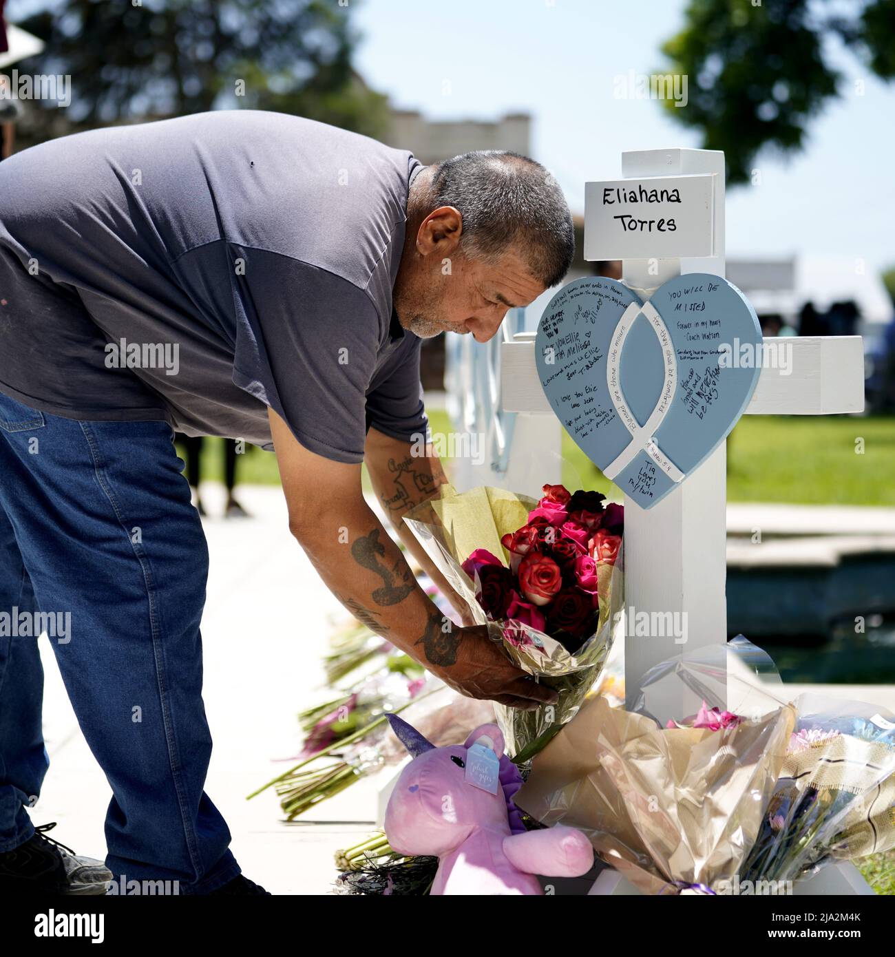 Uvalde, USA. 26th May, 2022. A man lays a bouquet to mourn for victims of a school mass shooting in Uvalde, Texas, the United States, May 26, 2022. At least 19 children and two adults were killed in a shooting at Robb Elementary School in the town of Uvalde, Texas, on Tuesday. Credit: Wu Xiaoling/Xinhua/Alamy Live News Stock Photo