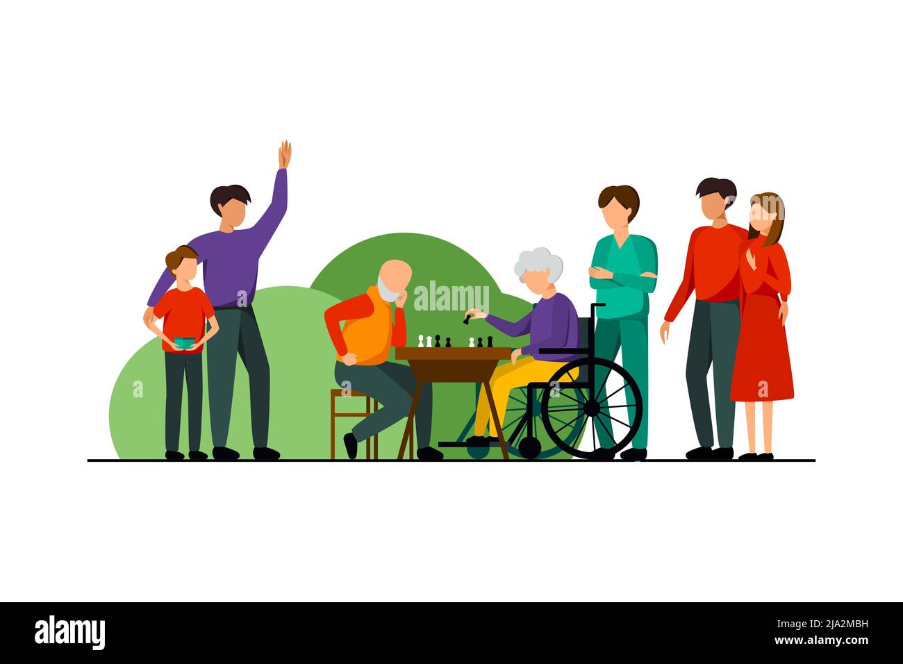 Nursing Home Characters Flat Composition Families Visit Their Relatives