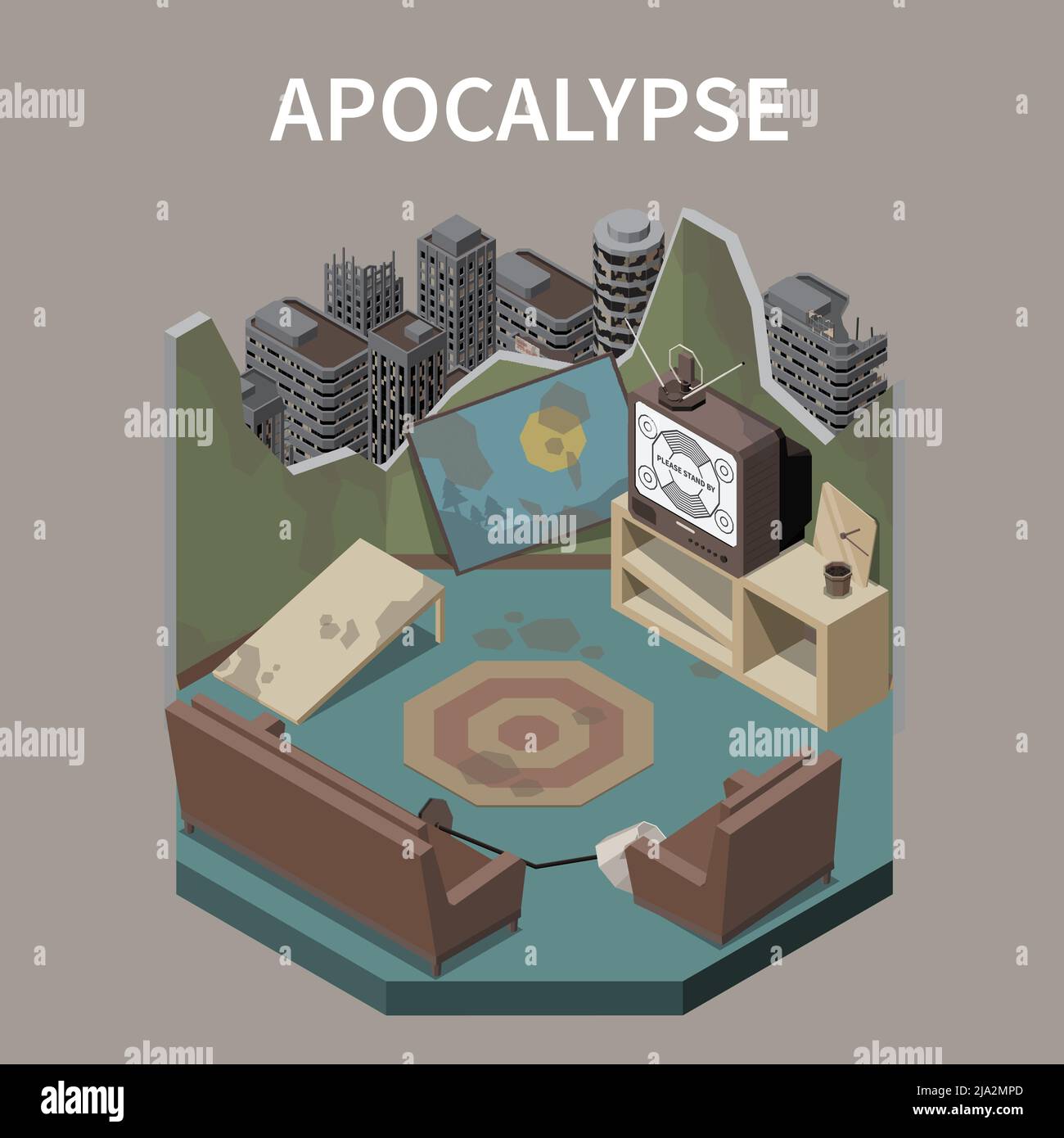 Apocalypse abstract design concept illustrated derelict room in destroyed building at city ruins background isometric vector illustration Stock Vector