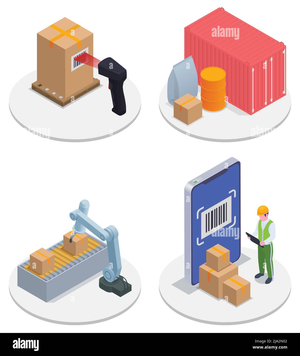 Isometric modern warehouse icon set scanner storage bin robotic arm worker checks boxes against scanner on round stand vector illustration Stock Vector
