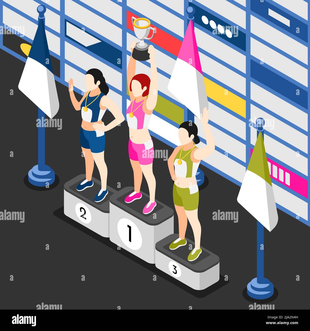 International sport day isometric background with view of winners podium with female athletes