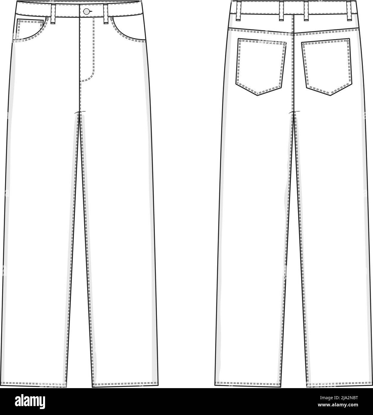 Straight Leg Jeans Flat Technical Drawing Illustration Five Pocket Classic Blank Streetwear Mock-up Template for Design and Tech Packs CAD. Stock Vector