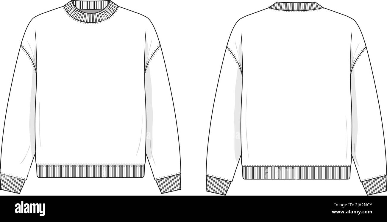 Crewneck sweatshirt flat technical drawing illustration mock-up template for design and tech packs men or unisex fashion CAD streetwear women mockneck Stock Vector